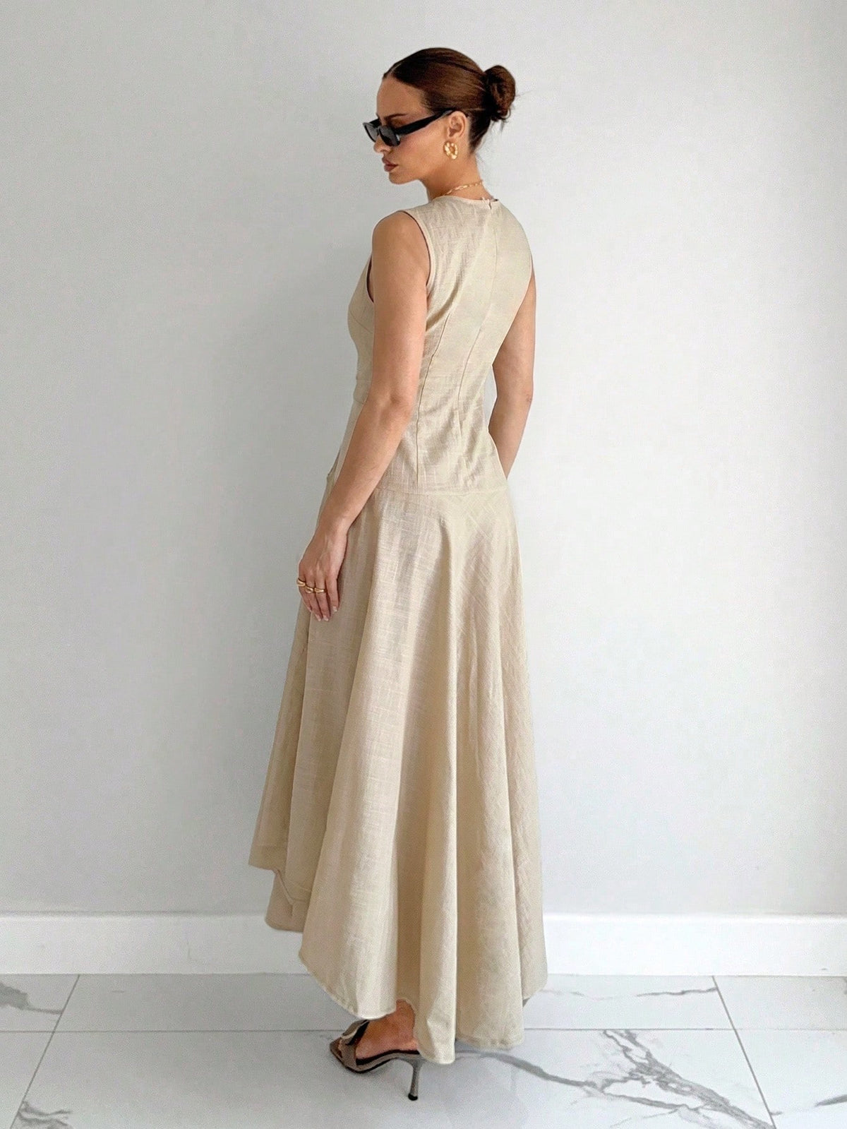 Siren Gaze Women's 100% Cotton & Linen V-Neck Sleeveless Wrap Dress,Asymmetric Hem Pleated Light Beige Elegant Long Dress,Summer Casual Vacation Holiday Dress