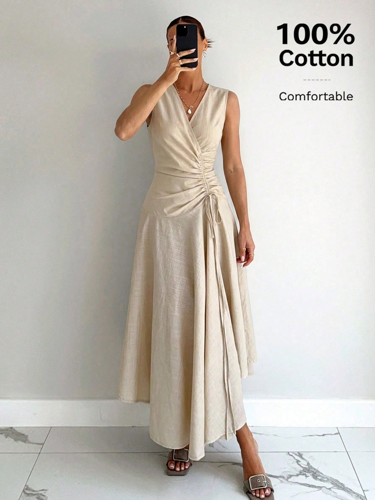 Siren Gaze Women's 100% Cotton & Linen V-Neck Sleeveless Wrap Dress,Asymmetric Hem Pleated Light Beige Elegant Long Dress,Summer Casual Vacation Holiday Dress