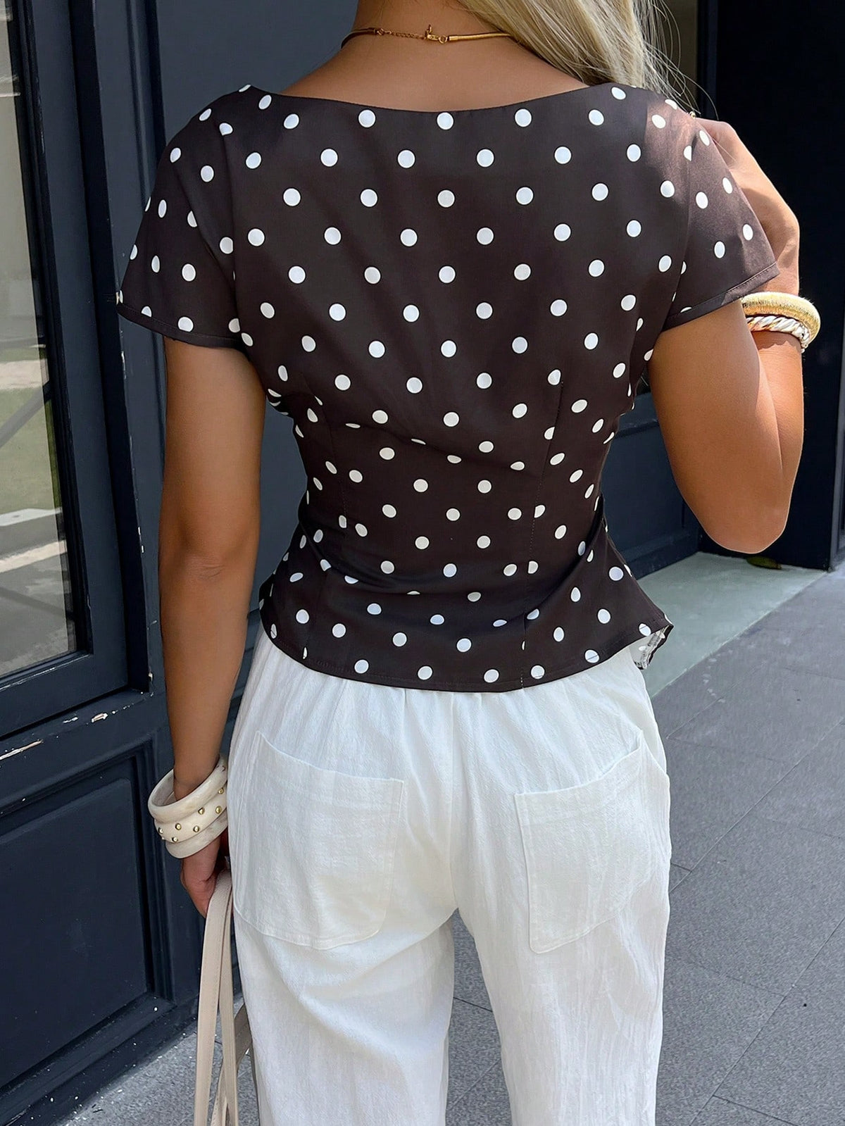 Siren Gaze Women's Elegant Brown And White Polka Dot Boat Neck Ruched Asymmetrical Hem Short Sleeve Blouse Casual Summer Office Tea Party Top