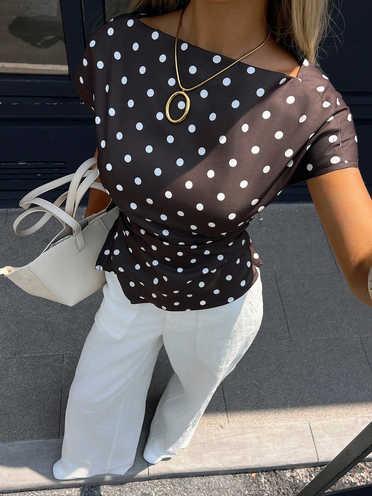 Siren Gaze Women's Elegant Brown And White Polka Dot Boat Neck Ruched Asymmetrical Hem Short Sleeve Blouse Casual Summer Office Tea Party Top