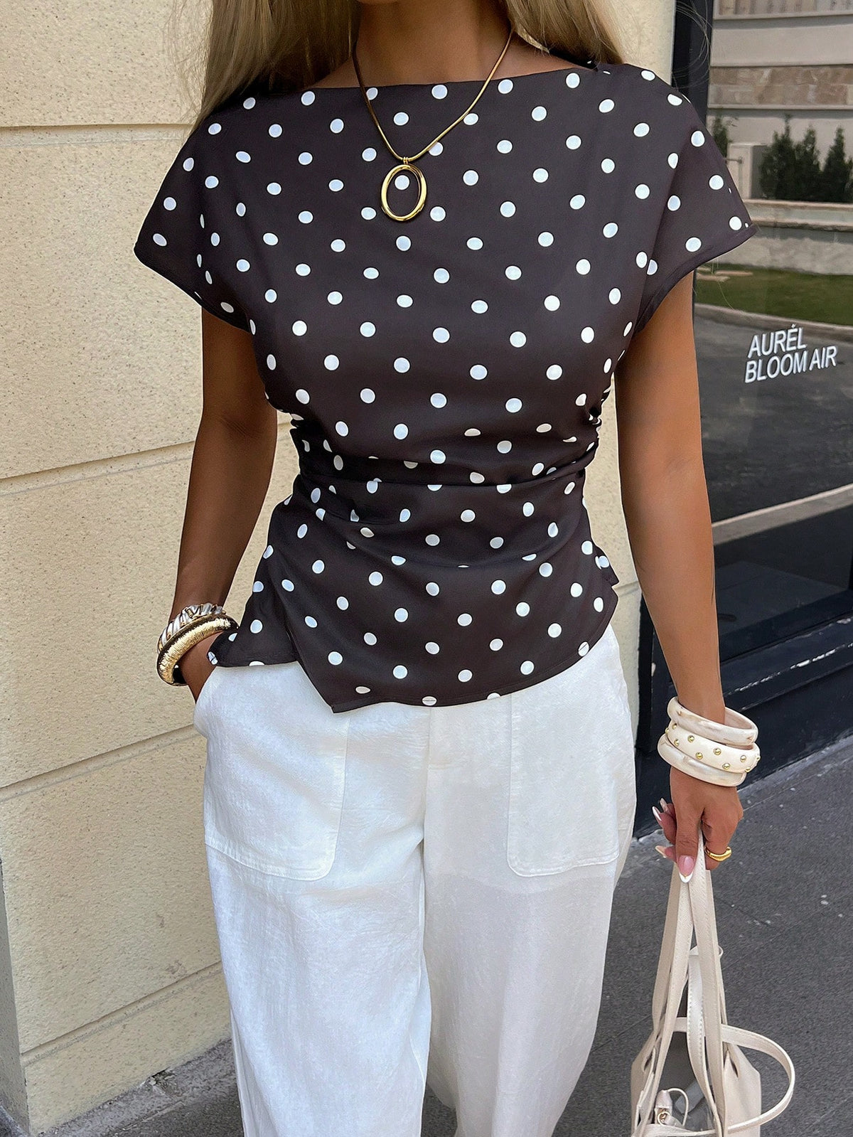 Siren Gaze Women's Elegant Brown And White Polka Dot Boat Neck Ruched Asymmetrical Hem Short Sleeve Blouse Casual Summer Office Tea Party Top