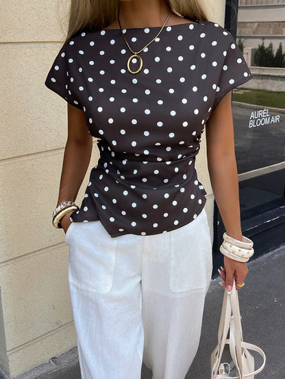 Siren Gaze Women's Elegant Brown And White Polka Dot Boat Neck Ruched Asymmetrical Hem Short Sleeve Blouse Casual Summer Office Tea Party Top