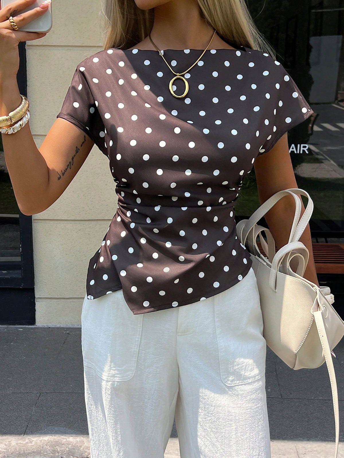 Siren Gaze Women's Elegant Brown And White Polka Dot Boat Neck Ruched Asymmetrical Hem Short Sleeve Blouse Casual Summer Office Tea Party Top
