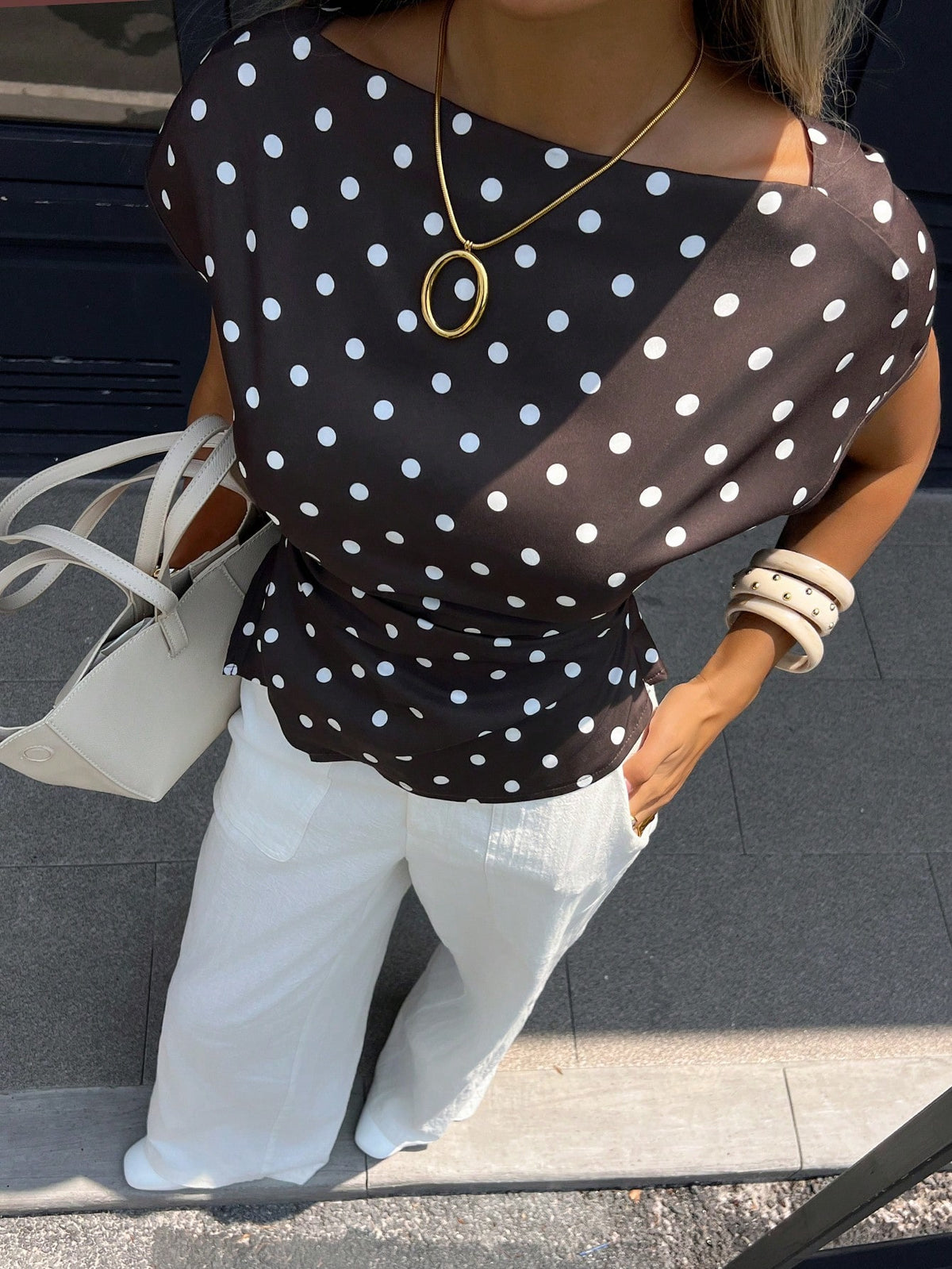 Siren Gaze Women's Elegant Brown And White Polka Dot Boat Neck Ruched Asymmetrical Hem Short Sleeve Blouse Casual Summer Office Tea Party Top