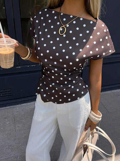 Siren Gaze Women's Elegant Brown And White Polka Dot Boat Neck Ruched Asymmetrical Hem Short Sleeve Blouse Casual Summer Office Tea Party Top