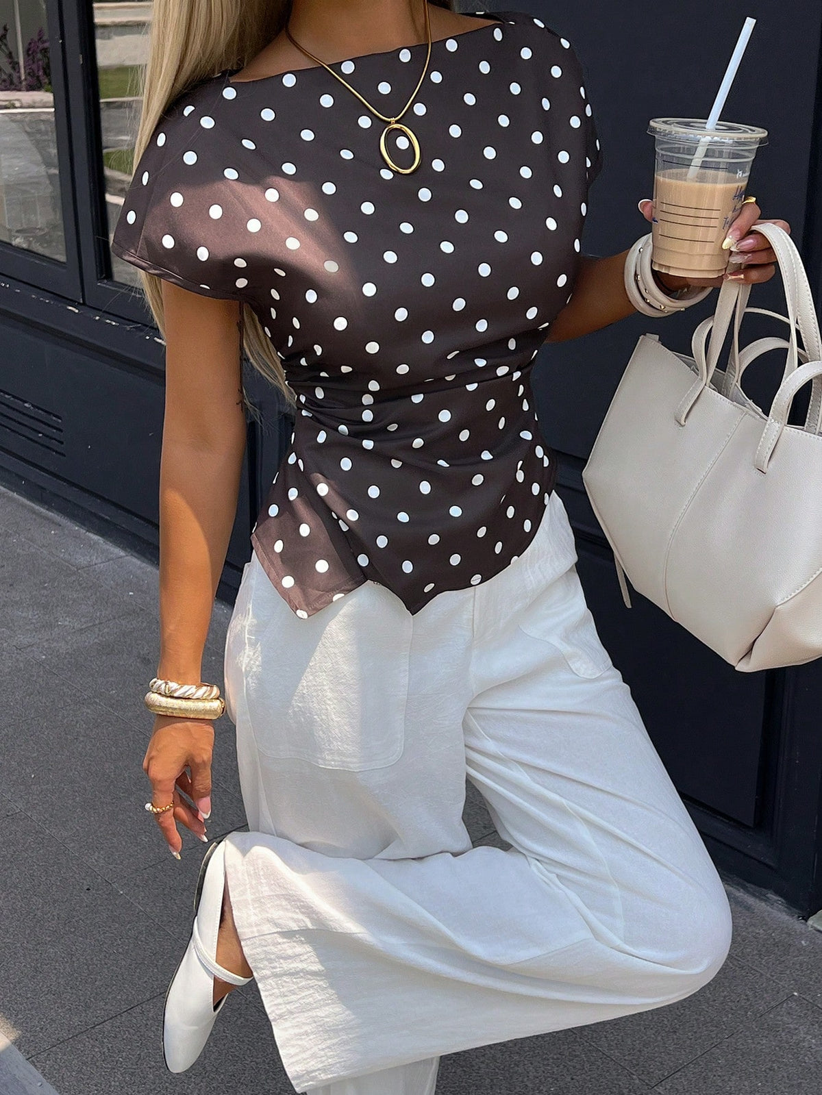Siren Gaze Women's Elegant Brown And White Polka Dot Boat Neck Ruched Asymmetrical Hem Short Sleeve Blouse Casual Summer Office Tea Party Top