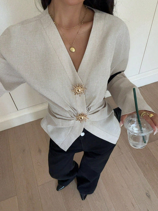 Siren Gaze Women's Elegant Khaki Minimalist Metal Button Decor Long Sleeve Pleated Slim Fit Blouse,Stylish White Shirt For Summer,Work,Fall Clothes,Classy Top