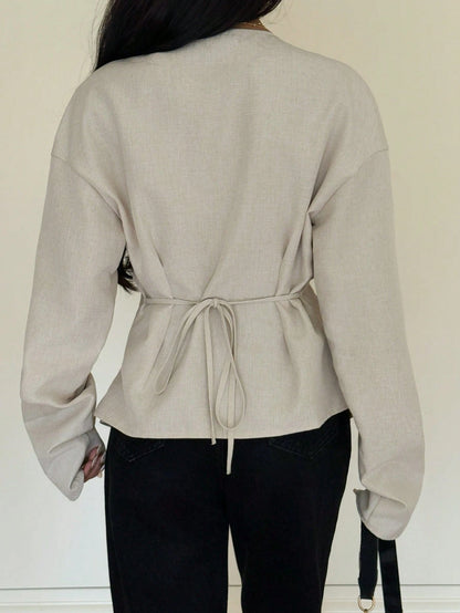 Siren Gaze Women's Elegant Khaki Minimalist Metal Button Decor Long Sleeve Pleated Slim Fit Blouse,Stylish White Shirt For Summer,Work,Fall Clothes,Classy Top