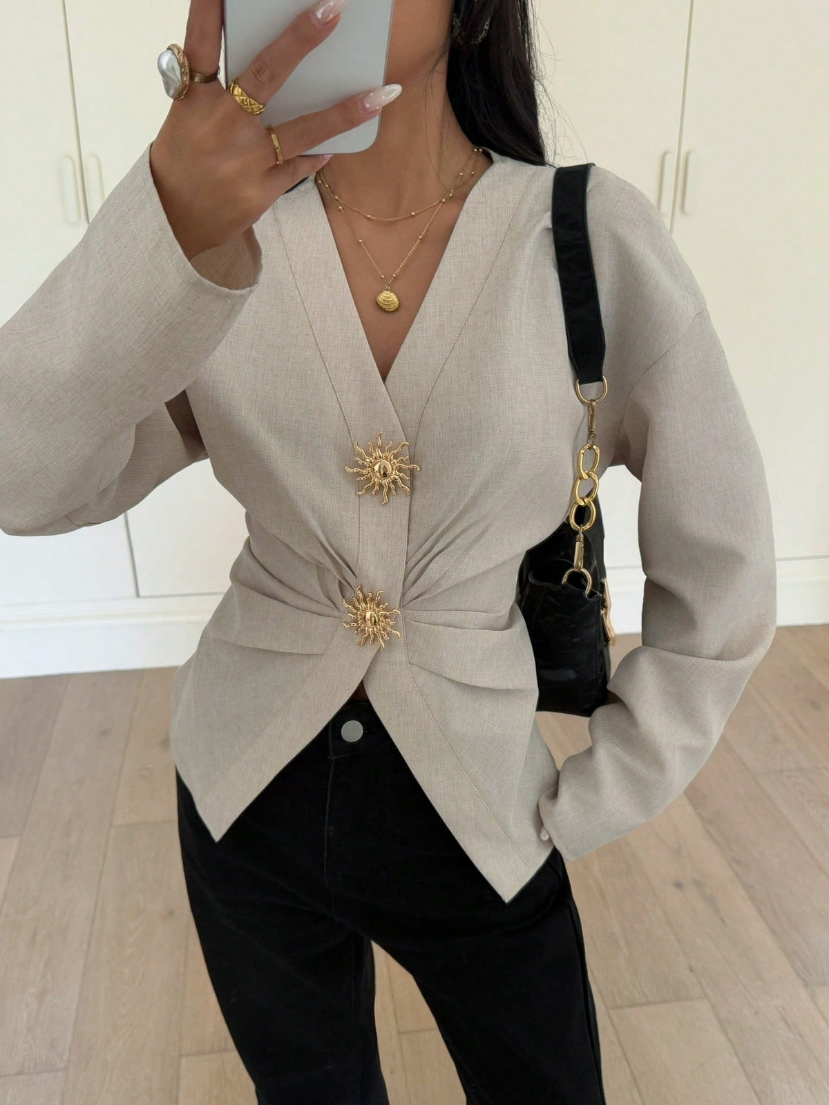 Siren Gaze Women's Elegant Khaki Minimalist Metal Button Decor Long Sleeve Pleated Slim Fit Blouse,Stylish White Shirt For Summer,Work,Fall Clothes,Classy Top