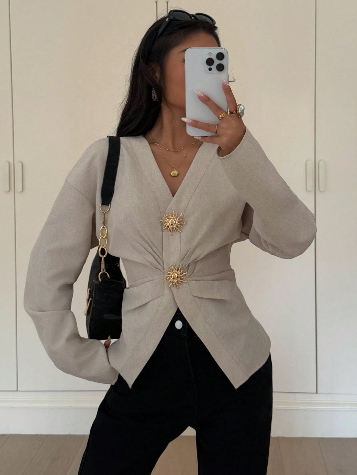 Siren Gaze Women's Elegant Khaki Minimalist Metal Button Decor Long Sleeve Pleated Slim Fit Blouse,Stylish White Shirt For Summer,Work,Fall Clothes,Classy Top