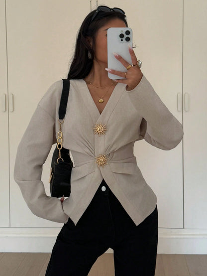 Siren Gaze Women's Elegant Khaki Minimalist Metal Button Decor Long Sleeve Pleated Slim Fit Blouse,Stylish White Shirt For Summer,Work,Fall Clothes,Classy Top
