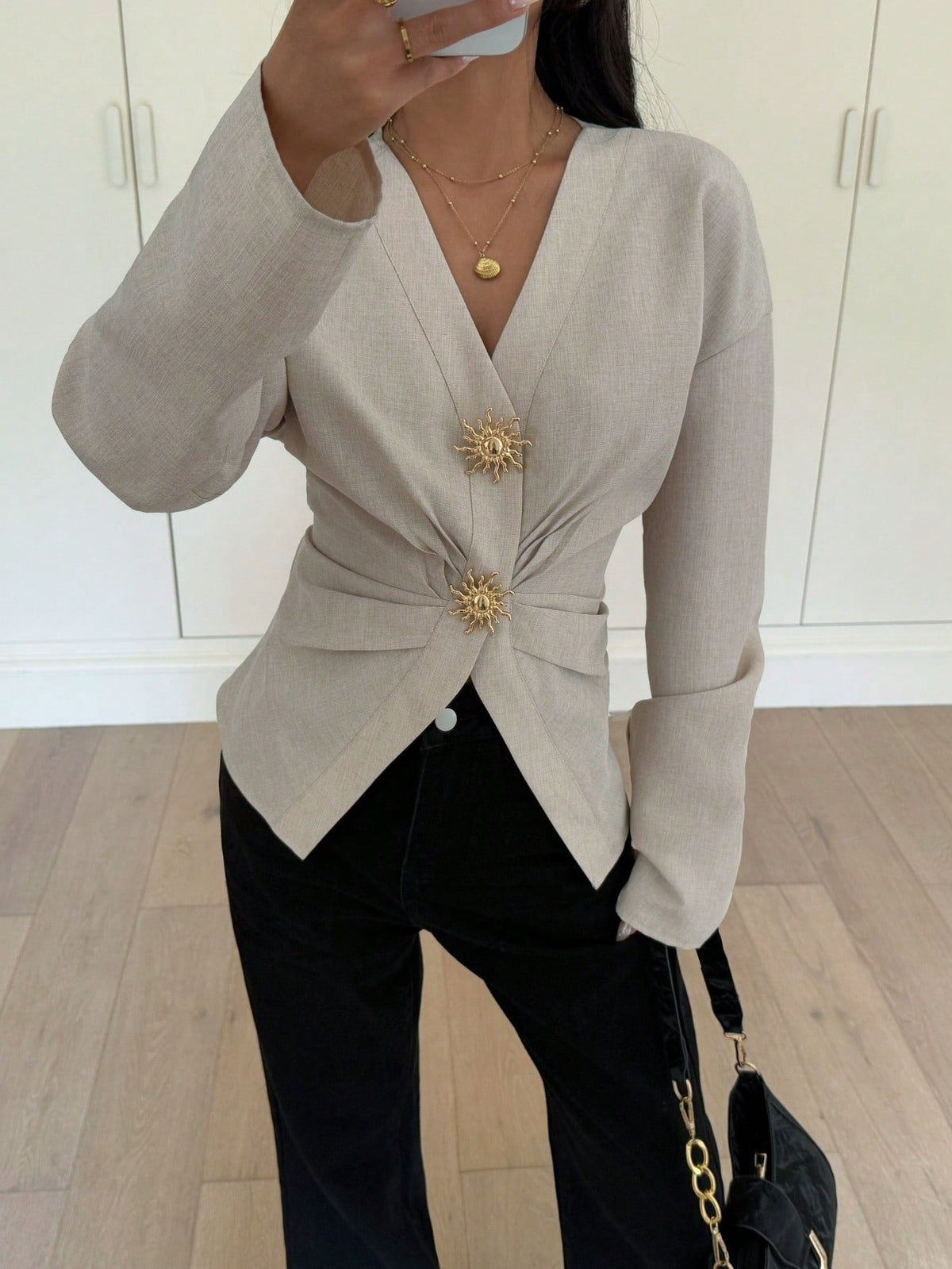 Siren Gaze Women's Elegant Khaki Minimalist Metal Button Decor Long Sleeve Pleated Slim Fit Blouse,Stylish White Shirt For Summer,Work,Fall Clothes,Classy Top