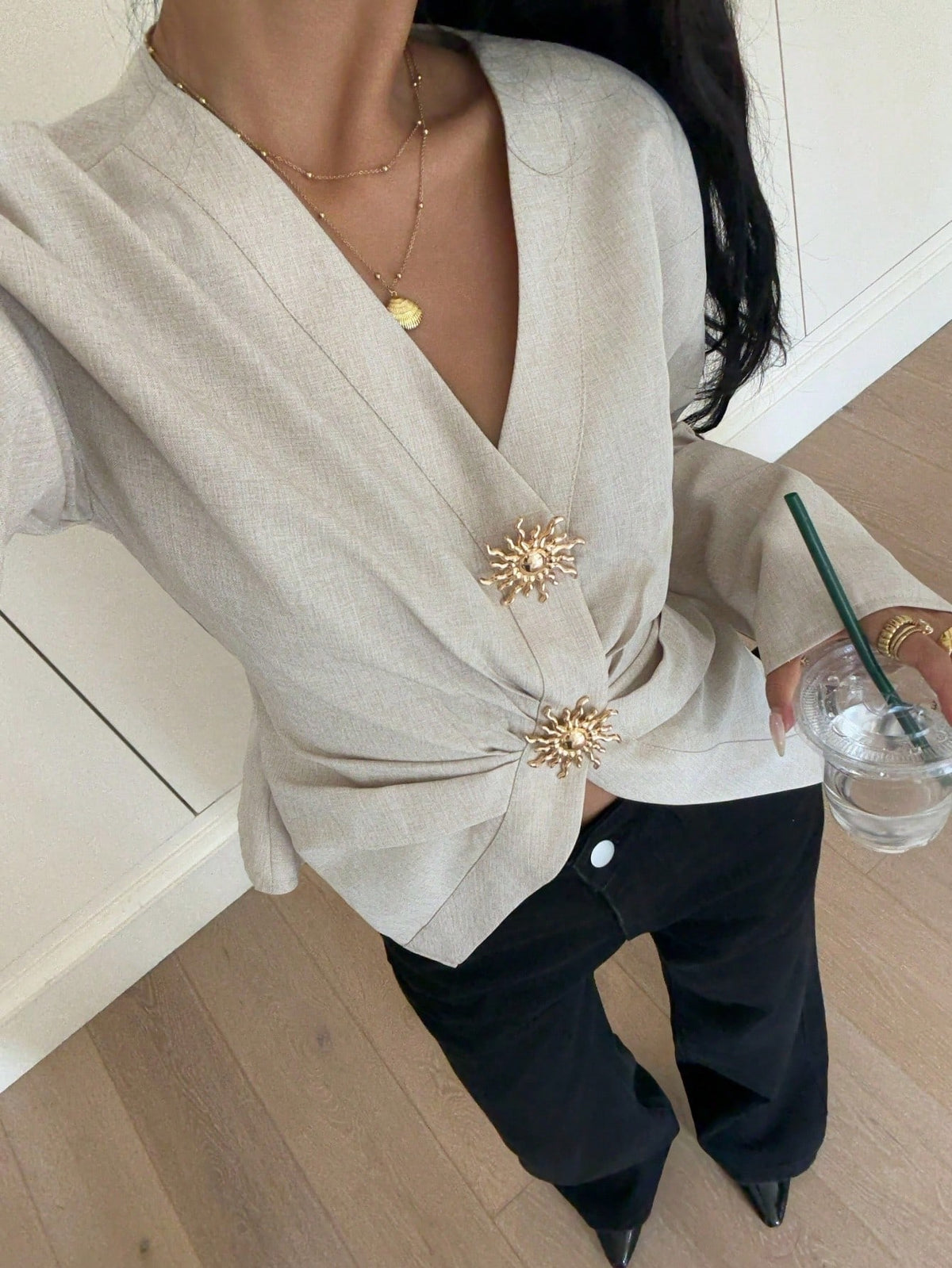 Siren Gaze Women's Elegant Khaki Minimalist Metal Button Decor Long Sleeve Pleated Slim Fit Blouse,Stylish White Shirt For Summer,Work,Fall Clothes,Classy Top