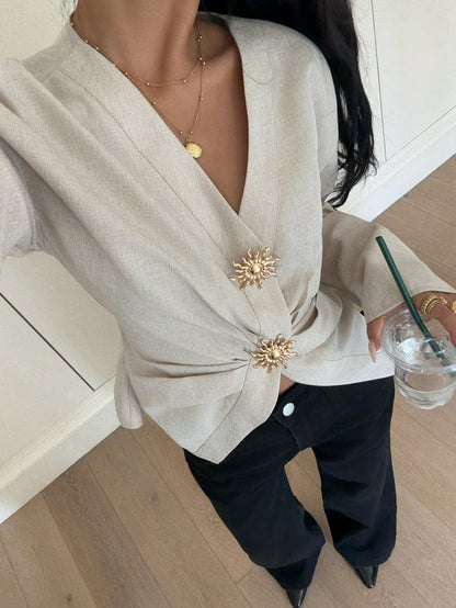 Siren Gaze Women's Elegant Khaki Minimalist Metal Button Decor Long Sleeve Pleated Slim Fit Blouse,Stylish White Shirt For Summer,Work,Fall Clothes,Classy Top