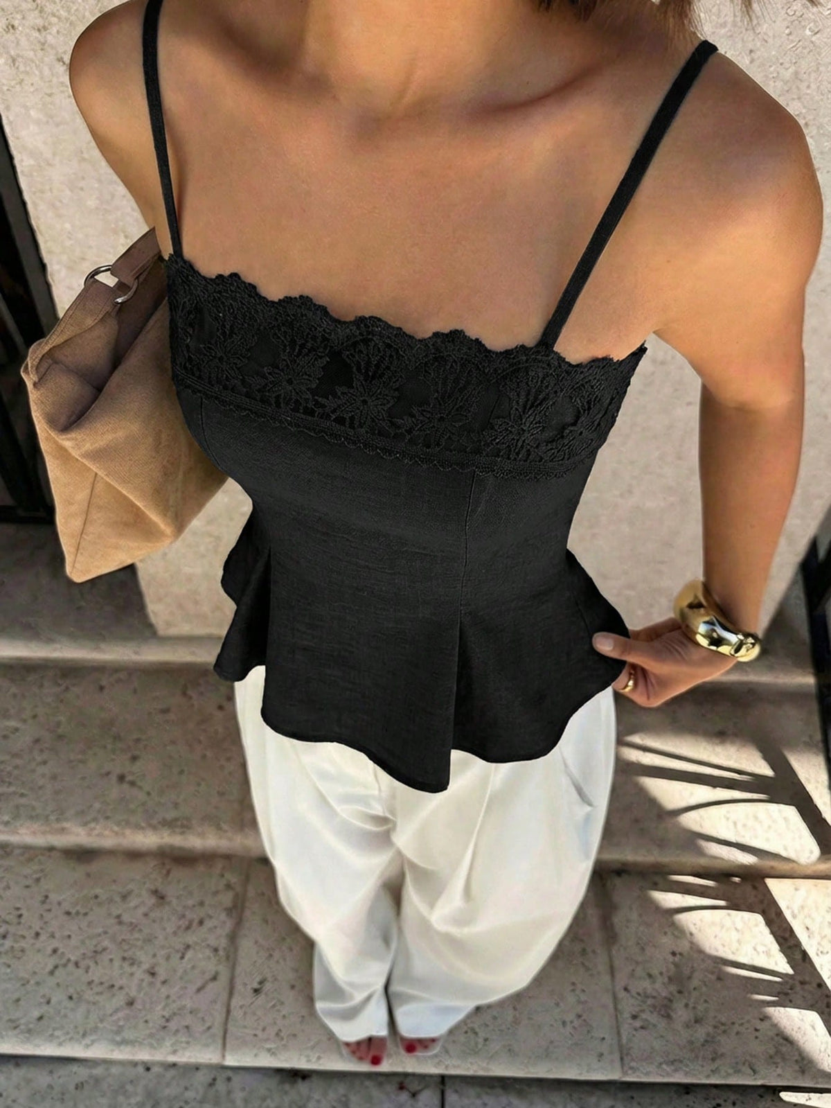 Siren Gaze Women's French Lace Patchwork Ruffle Hem Pleated Camisole,Summer Top Party Black Elegant