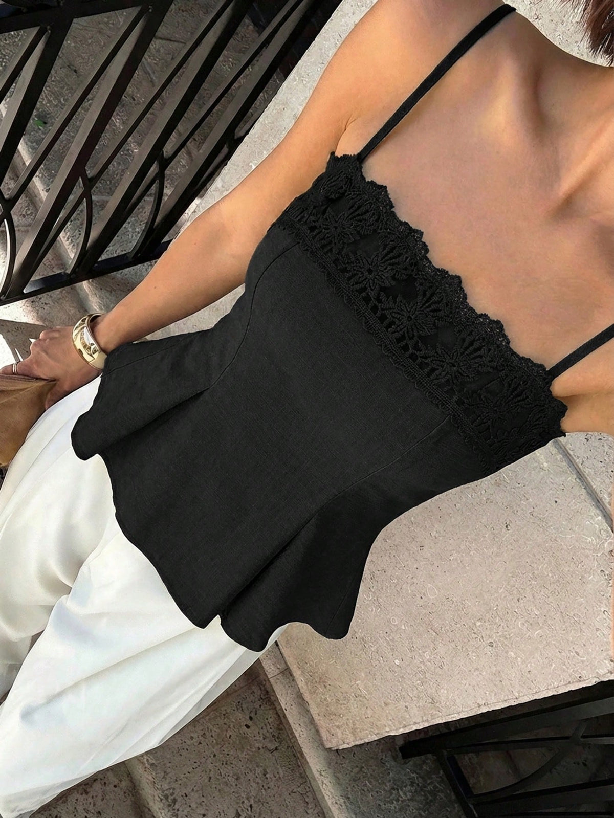 Siren Gaze Women's French Lace Patchwork Ruffle Hem Pleated Camisole,Summer Top Party Black Elegant