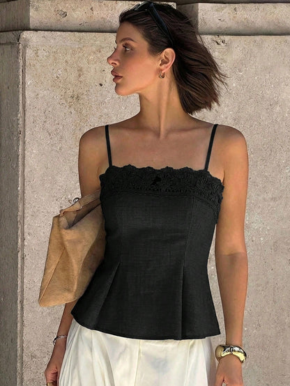 Siren Gaze Women's French Lace Patchwork Ruffle Hem Pleated Camisole,Summer Top Party Black Elegant