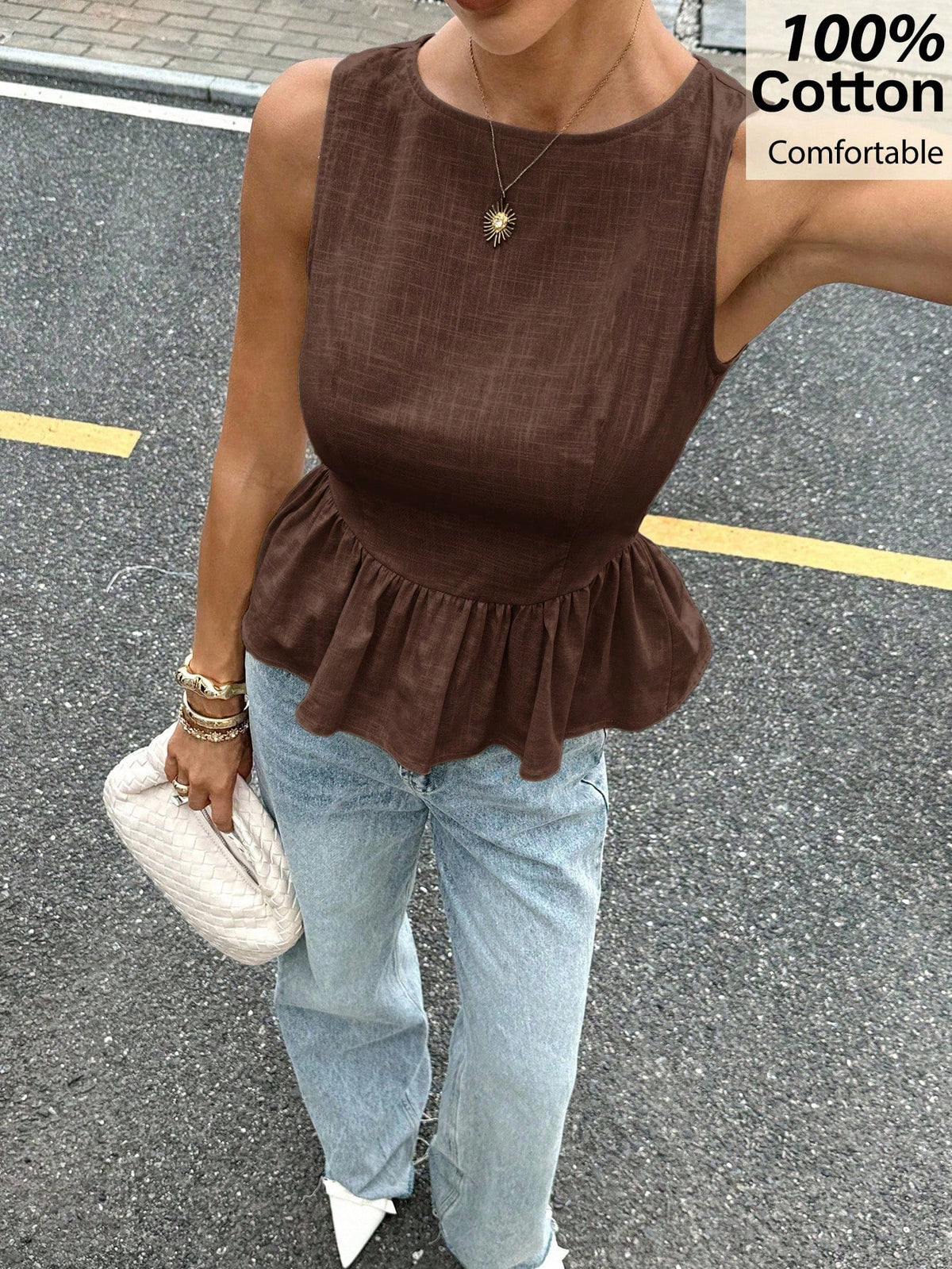 Siren Gaze Women's Summer New Jacquard Ruffle Hem Round Neck Camisole Brown Blouse,Summer Top