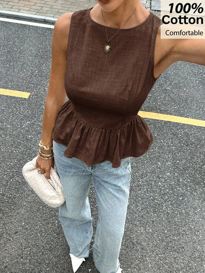 Siren Gaze Women's Summer New Jacquard Ruffle Hem Round Neck Camisole Brown Blouse,Summer Top