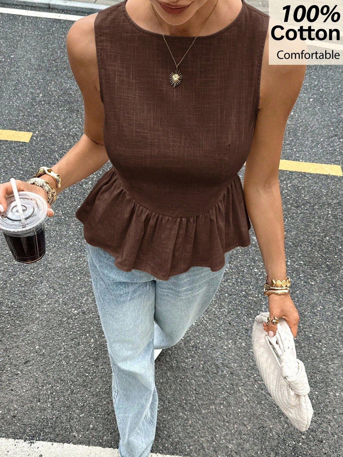 Siren Gaze Women's Summer New Jacquard Ruffle Hem Round Neck Camisole Brown Blouse,Summer Top