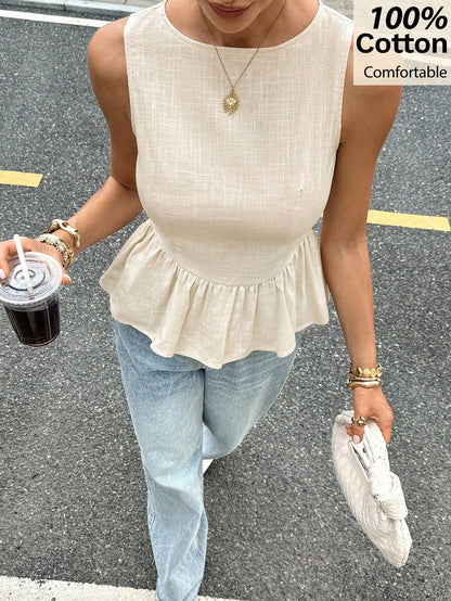 Siren Gaze Women's Summer New Jacquard Ruffle Hem Round Neck Camisole Brown Blouse,Summer Top