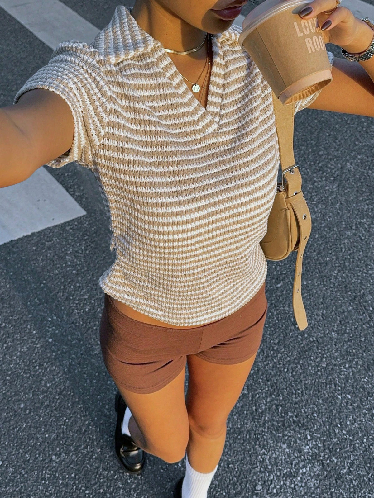 Siren Gaze Women V-Neck Short Sleeve T-Shirt With Design, Shoulder Line, Waistline, Casual Preppy Short Polo Shirt For Summer, Slimming Back-To-School White