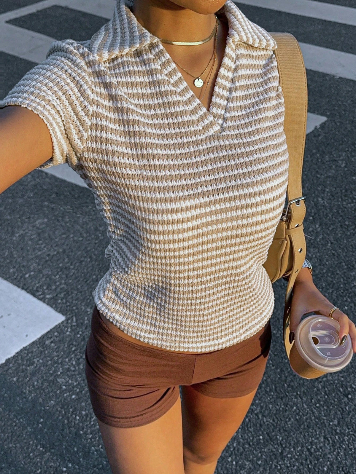 Siren Gaze Women V-Neck Short Sleeve T-Shirt With Design, Shoulder Line, Waistline, Casual Preppy Short Polo Shirt For Summer, Slimming Back-To-School White