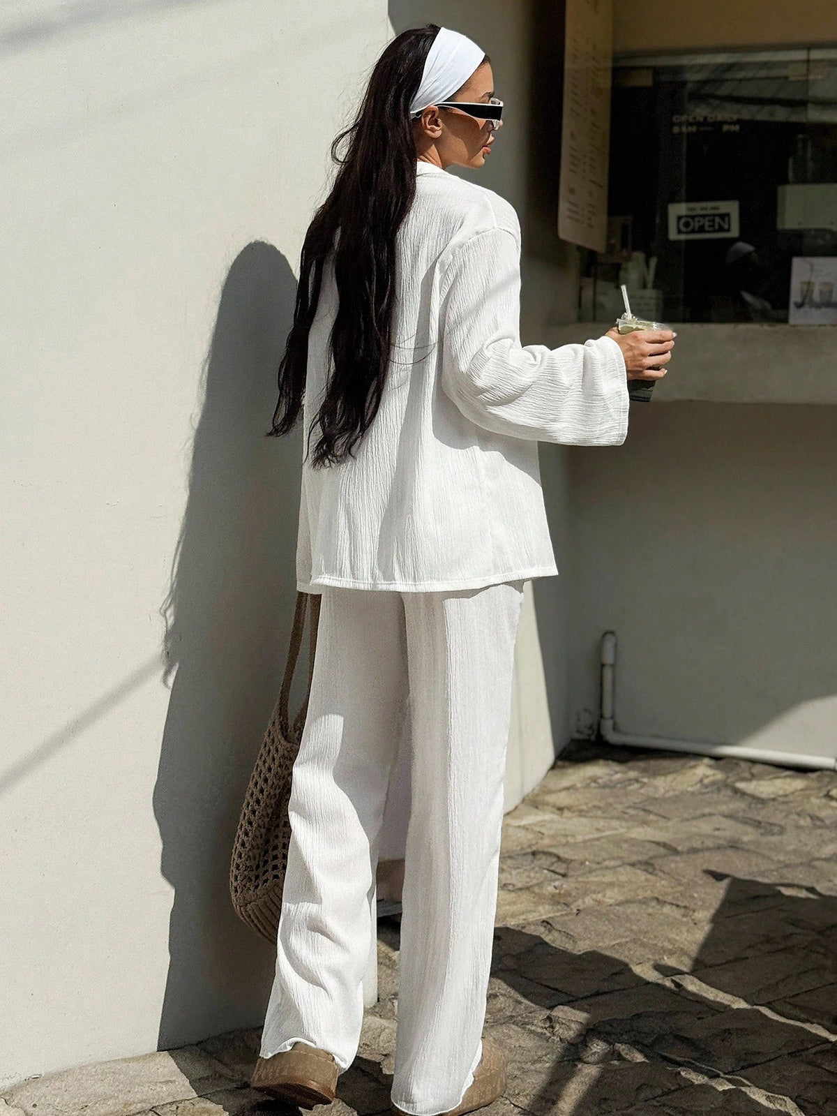 Sirith 2pcs Women Summer Vacation Solid Color Long Sleeve Lapel Cover Up And High Waist Straight Leg Pants Outfit