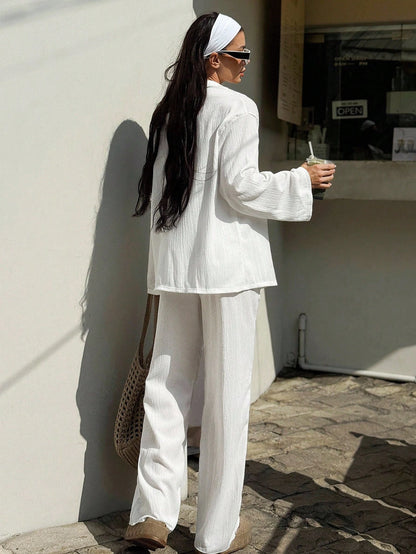 Sirith 2pcs Women Summer Vacation Solid Color Long Sleeve Lapel Cover Up And High Waist Straight Leg Pants Outfit