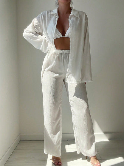 Sirith 2pcs Women Summer Vacation Solid Color Long Sleeve Lapel Cover Up And High Waist Straight Leg Pants Outfit