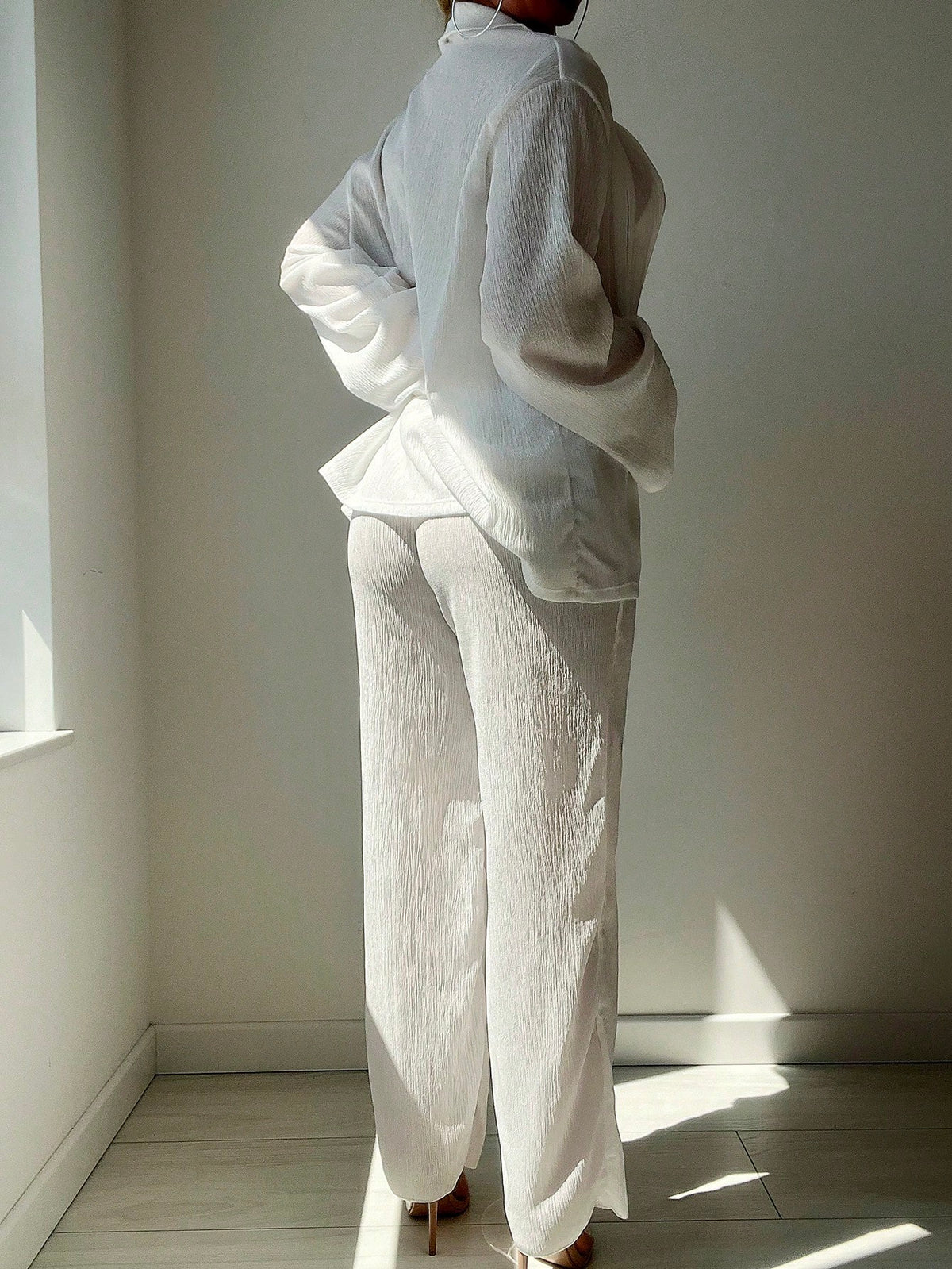 Sirith 2pcs Women Summer Vacation Solid Color Long Sleeve Lapel Cover Up And High Waist Straight Leg Pants Outfit