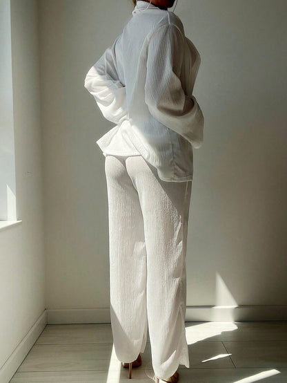 Sirith 2pcs Women Summer Vacation Solid Color Long Sleeve Lapel Cover Up And High Waist Straight Leg Pants Outfit