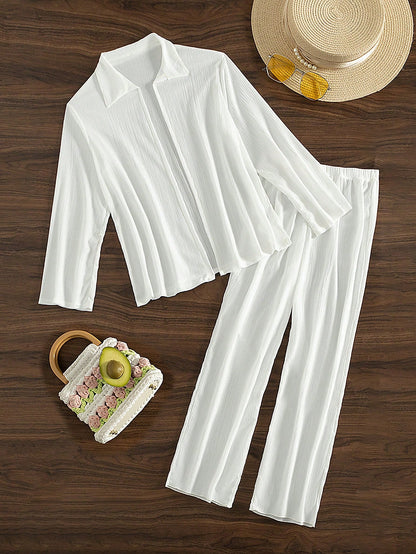 Sirith 2pcs Women Summer Vacation Solid Color Long Sleeve Lapel Cover Up And High Waist Straight Leg Pants Outfit