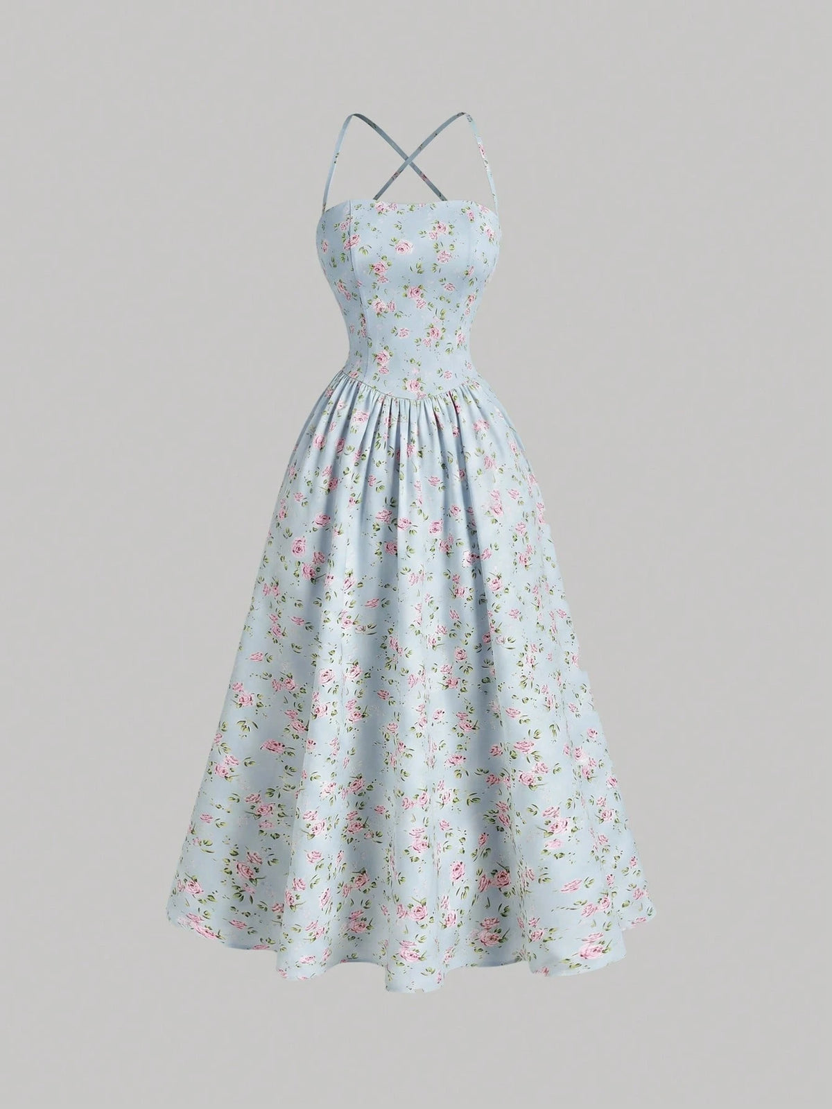Skyraze Backless Lace-Up Fitted Floral Midi Dress Vacation Light Blue Floral Floral Summer Cottagecore Modest Casual Party Vacation