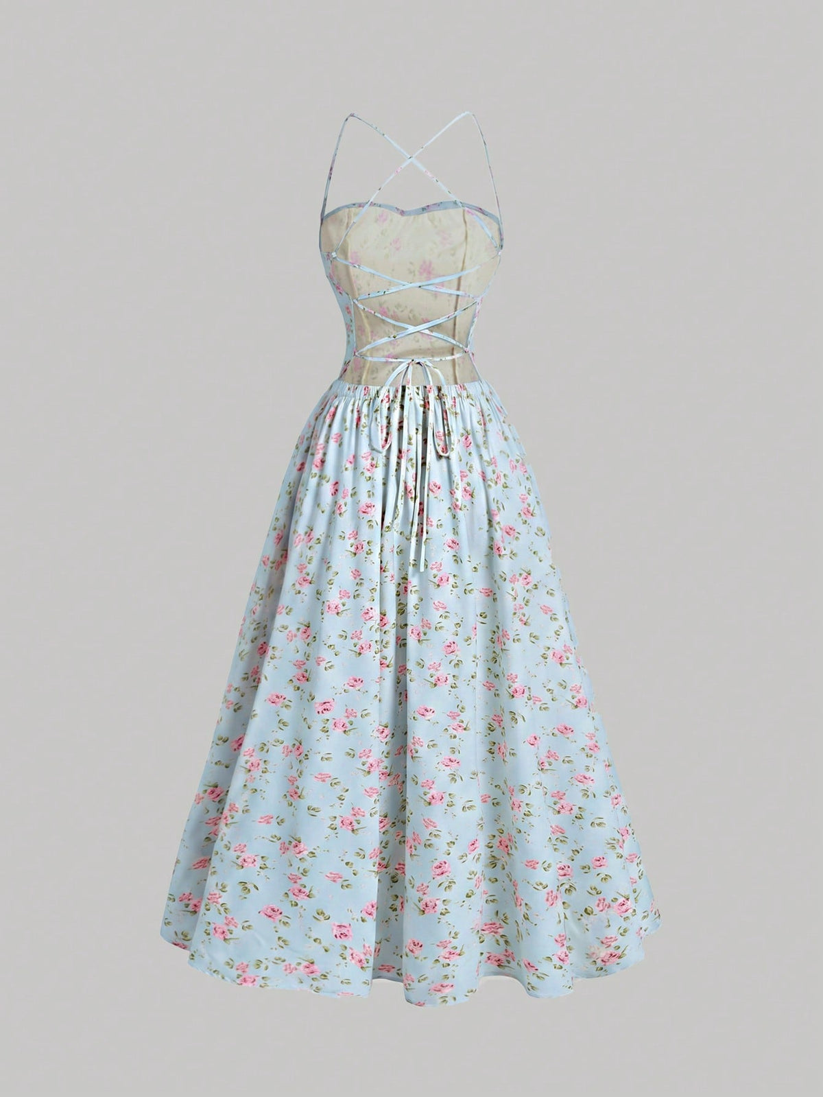 Skyraze Backless Lace-Up Fitted Floral Midi Dress Vacation Light Blue Floral Floral Summer Cottagecore Modest Casual Party Vacation