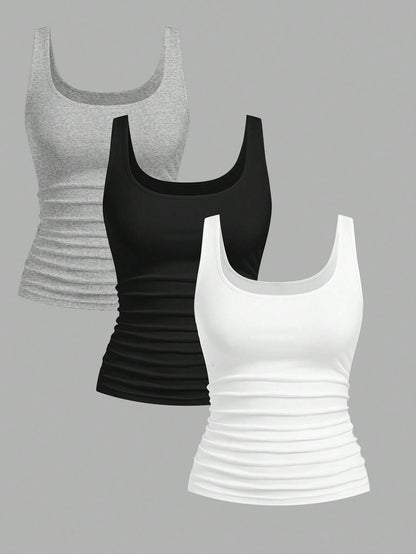 Slaydiva 3pcs Women Casual Scoop Neck Ruched Waist Bodycon Tank Top Set, Versatile For Daily Wear