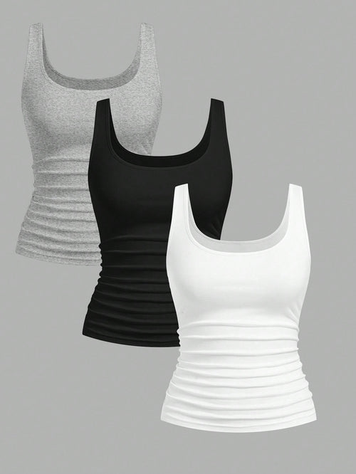 Slaydiva 3pcs Women Casual Scoop Neck Ruched Waist Bodycon Tank Top Set, Versatile For Daily Wear