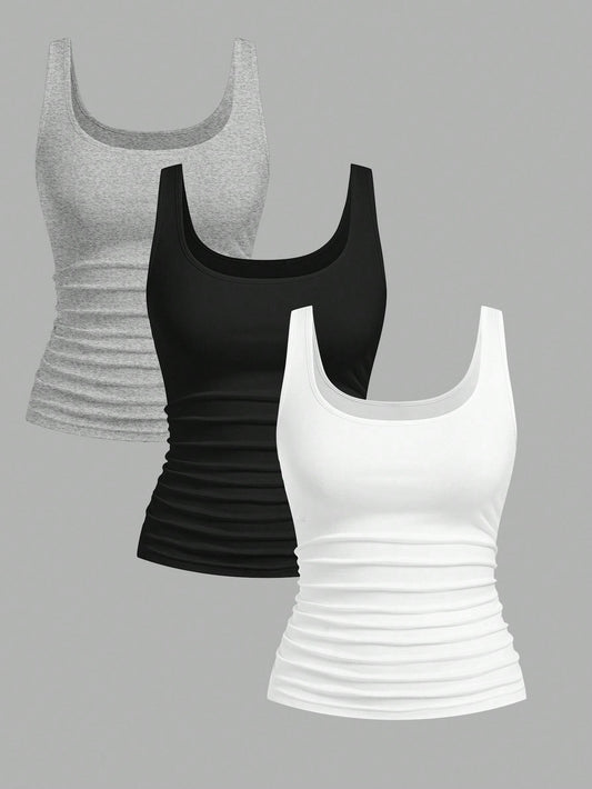Slaydiva 3pcs Women Casual Scoop Neck Ruched Waist Bodycon Tank Top Set, Versatile For Daily Wear