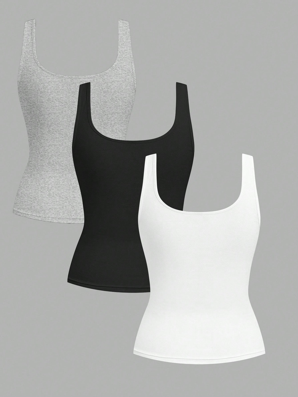 Slaydiva 3pcs Women Casual Scoop Neck Ruched Waist Bodycon Tank Top Set, Versatile For Daily Wear