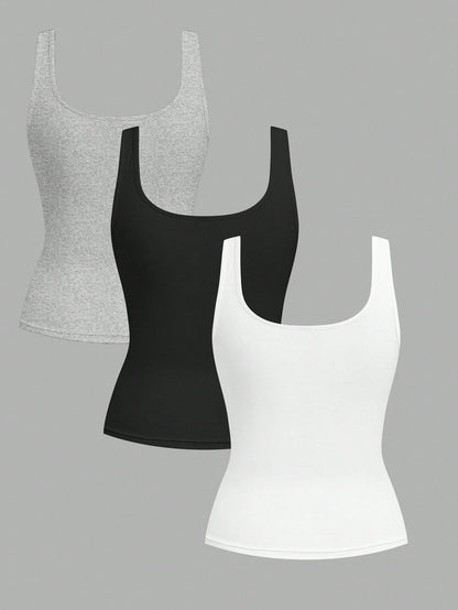 Slaydiva 3pcs Women Casual Scoop Neck Ruched Waist Bodycon Tank Top Set, Versatile For Daily Wear