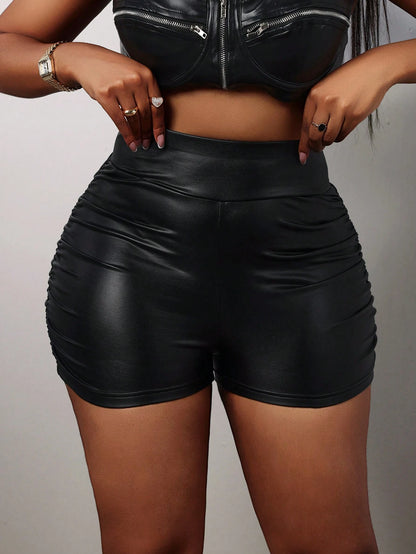 Slaydiva Elegant Sexy High Waist Faux Leather Pleated Slim Shorts For Women, Suitable For Party Night Gathering Black Summer