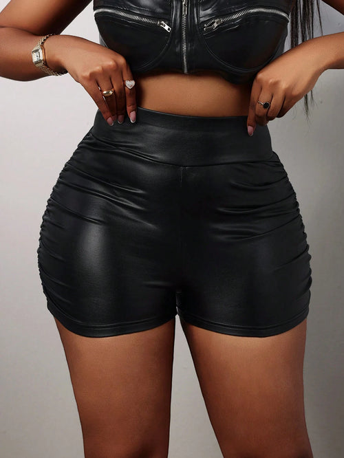 Slaydiva Elegant Sexy High Waist Faux Leather Pleated Slim Shorts For Women, Suitable For Party Night Gathering Black Summer