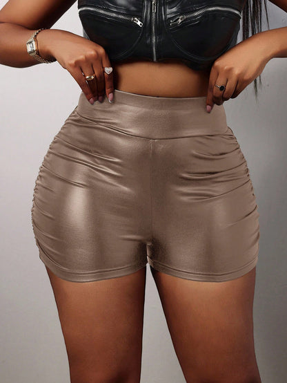 Slaydiva Elegant Sexy High Waist Faux Leather Pleated Slim Shorts For Women, Suitable For Party Night Gathering Black Summer