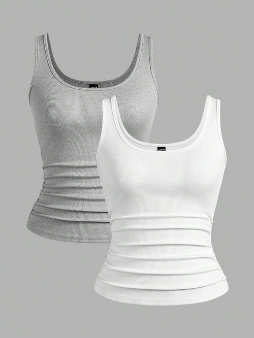 Slaydiva Multiple Sets Of Grey White Casual Basics Crisscross Back Scoop Neck Slim Rib Tank Tops For Women Everyday Summer