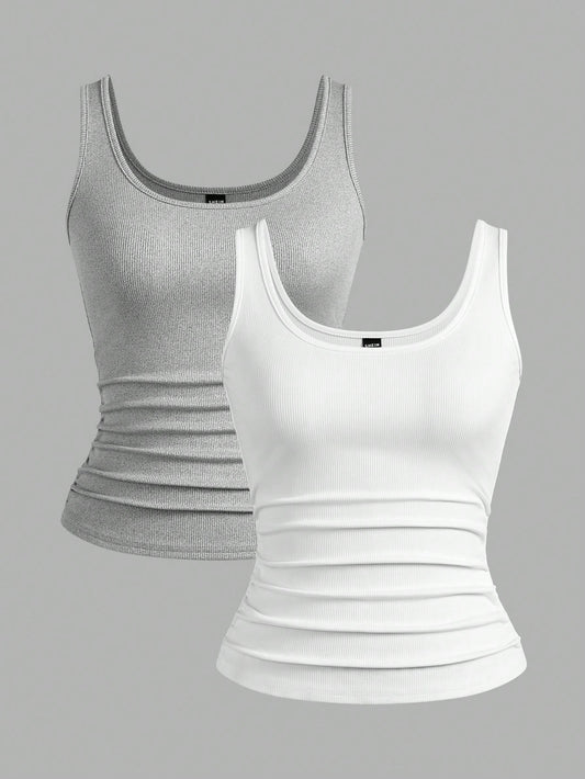 Slaydiva Multiple Sets Of Grey White Casual Basics Crisscross Back Scoop Neck Slim Rib Tank Tops For Women Everyday Summer