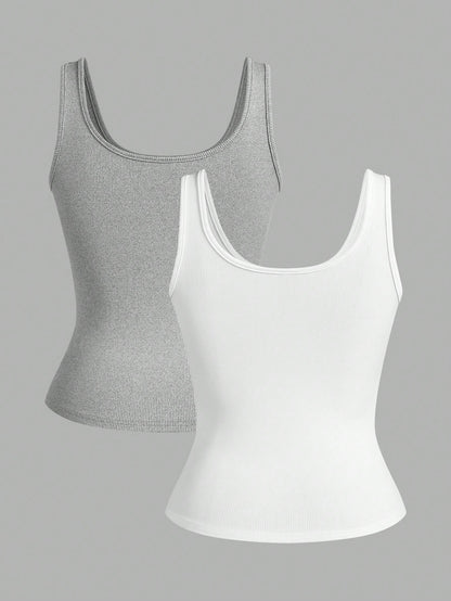 Slaydiva Multiple Sets Of Grey White Casual Basics Crisscross Back Scoop Neck Slim Rib Tank Tops For Women Everyday Summer