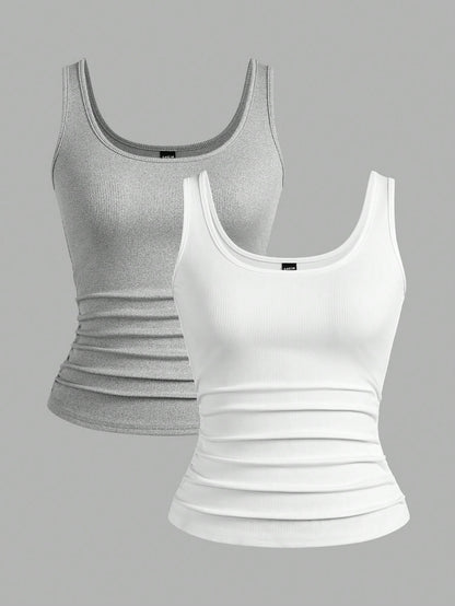 Slaydiva Multiple Sets Of Grey White Casual Basics Crisscross Back Scoop Neck Slim Rib Tank Tops For Women Everyday Summer