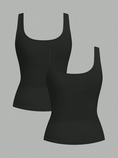 Slaydiva Women's Casual Loose Scoop Neck Non-Shrink Fitted Tank Top Set, Versatile Black,Summer Top