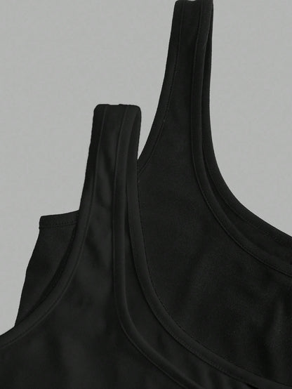 Slaydiva Women's Casual Loose Scoop Neck Non-Shrink Fitted Tank Top Set, Versatile Black,Summer Top