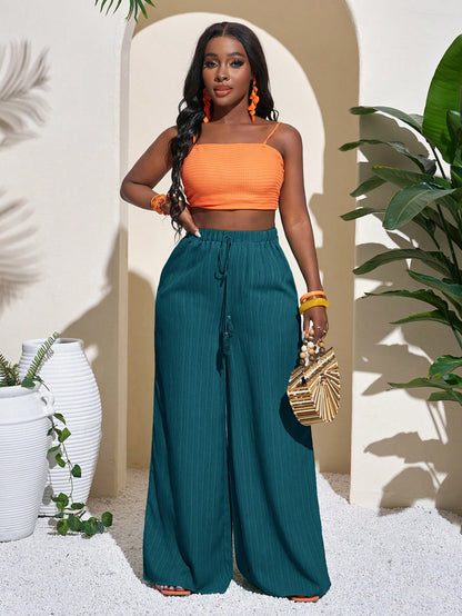 Slaydiva Women's Full Length Geometric Green Casual Vacation Wide Leg Pants